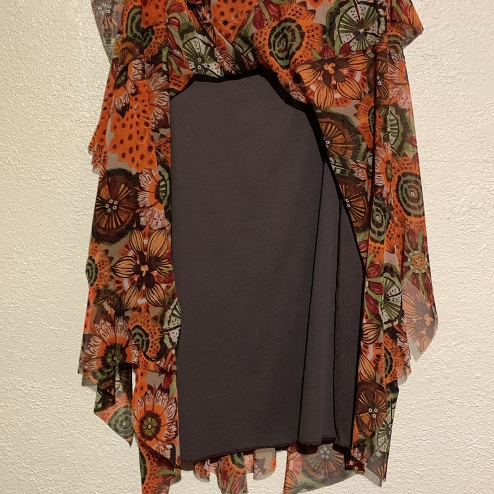 Tribal Skirt S Brown Red Orange Green Floral Mesh Like Shell Pull On Stretchy - Picture 6 of 16